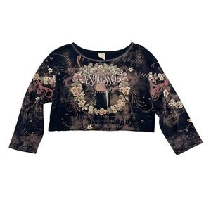 Jess & Jane Espresso Coffee Crop Top Rhinestone Raw Hem Y2K McBling Size LARGE